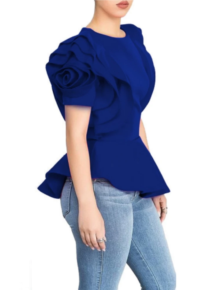 Layers Petal Sleeves Women Blouse Tops Shirt Elegant Fashion Spring Summer Rose Red Blue Black White Bluas Ruffles Classy Lady