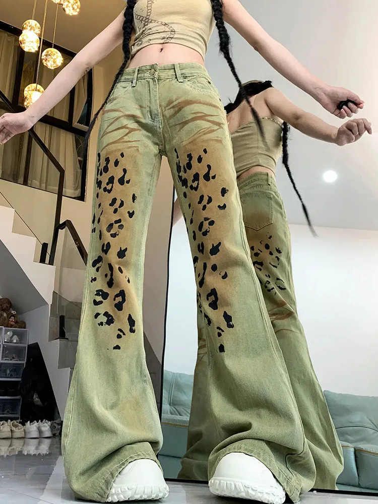 

Retro Leopard Flared Jeans Women Casual Streetwear High Waist Y2K Denim Pants Spring Vintage American Preppy Style Lady Trousers