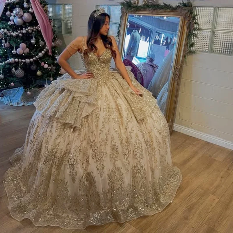 

Champagne Gold Quinceanera Dress Crystal Glitter flower Decal Lace layering Long tail Bow Vestidos De 15 Quinceanera ﻿Customize