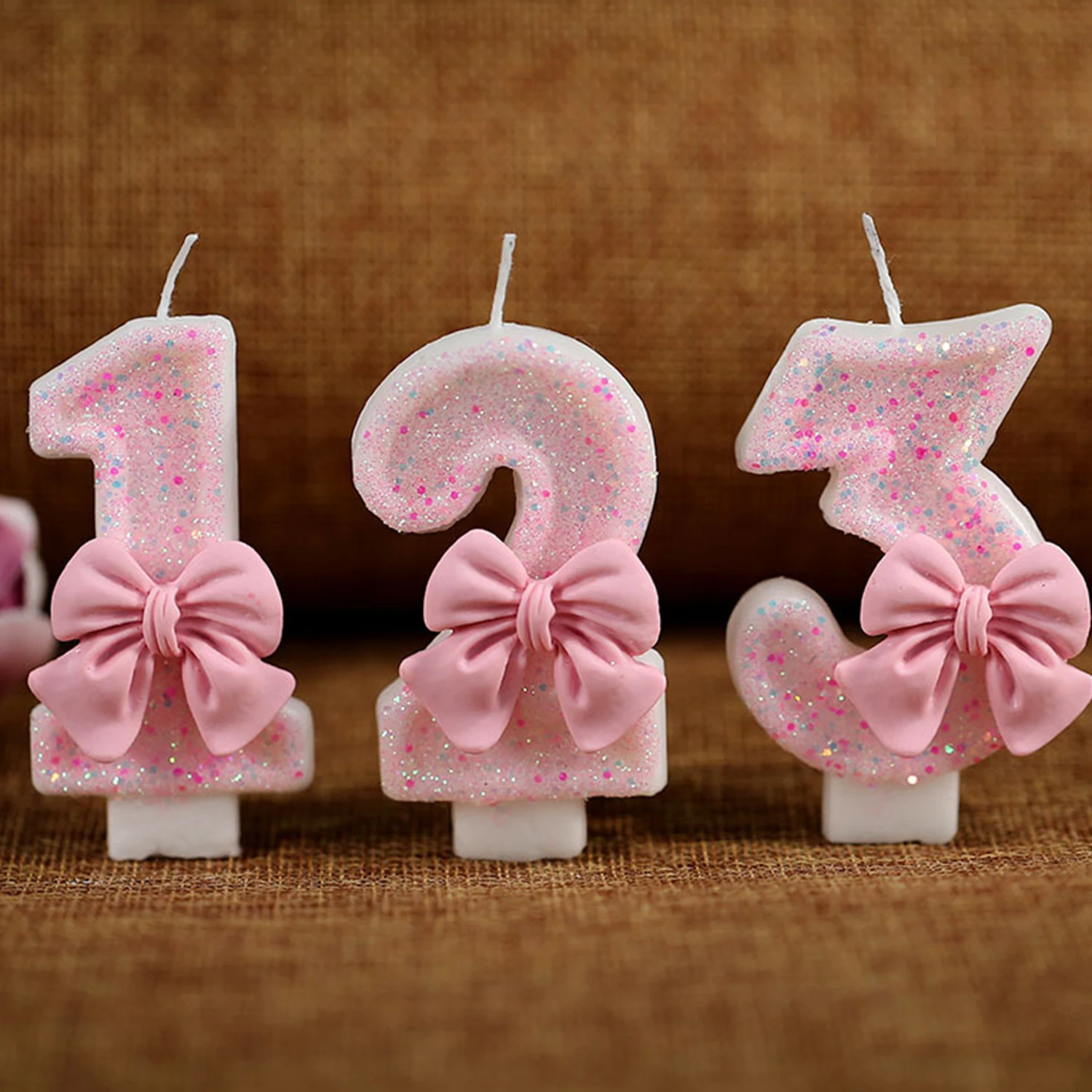 1 PC Number Cake Decorating Candles Glitter Pink Bow Digital Candles Cake Topper Birthday Party Cake Decoration