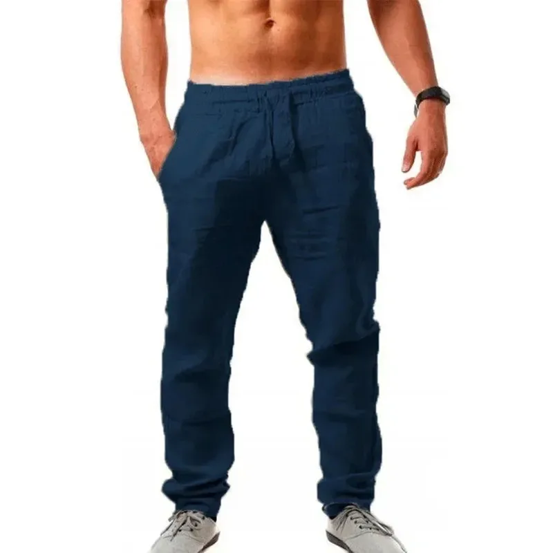 Picture 6: M-4XL Solid Color Pocket Drawstring Loose Straight Men's Pants Casual, Breathable and Comfortable Cotton and Linen Summer Pants