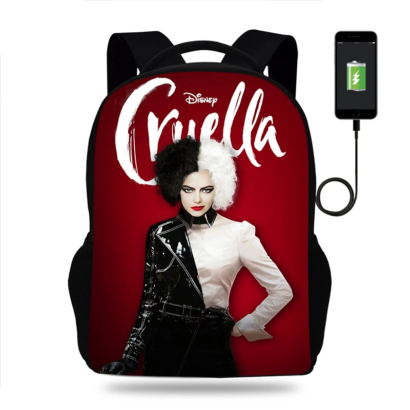 

Fashion Disney Cruella de Vil Backpack Boys Girls School Bag Teenager Book Bags Men Women Rucksack USB Travel Knapsack Mochila