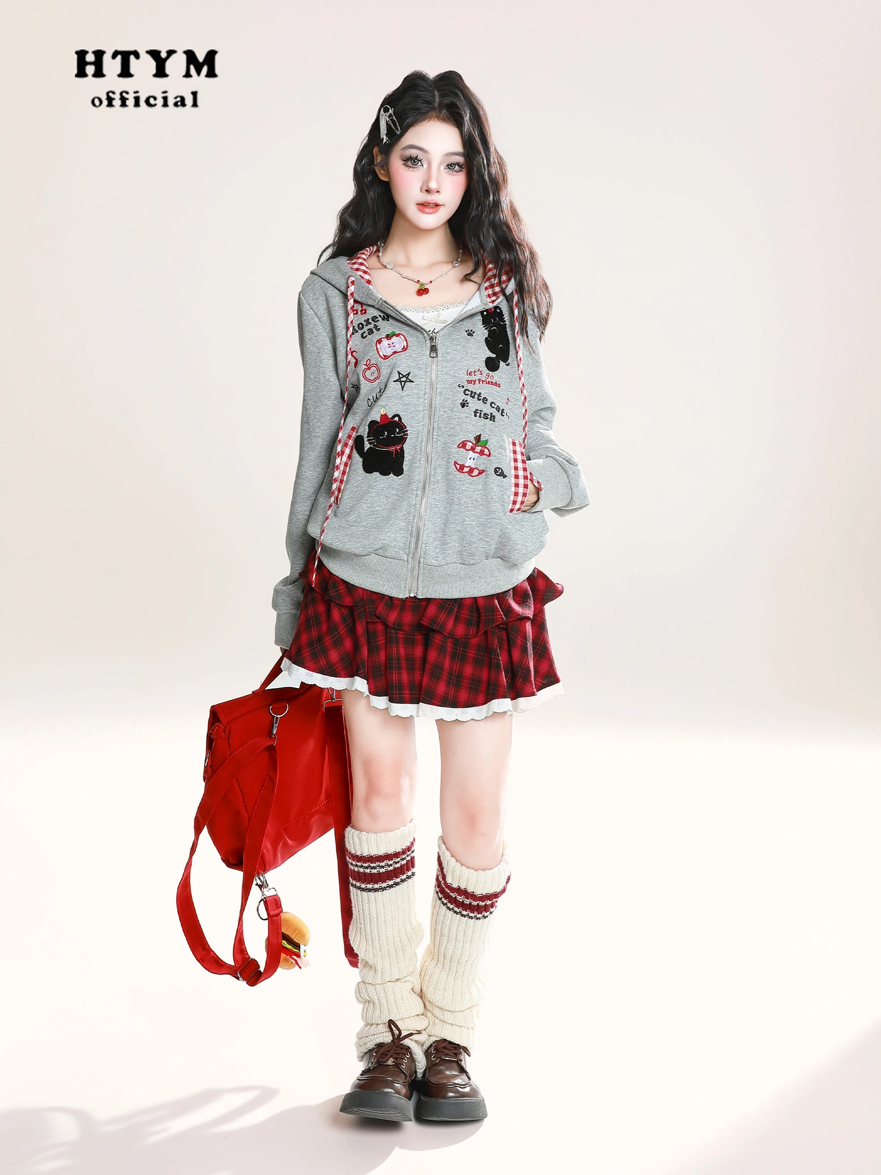 American Style Fashion Retro Cartoon Embroidery Plaid Patchwork Hoodies Lazy Casual Loose Zipper Sweatshirt Jacket Women Autumn