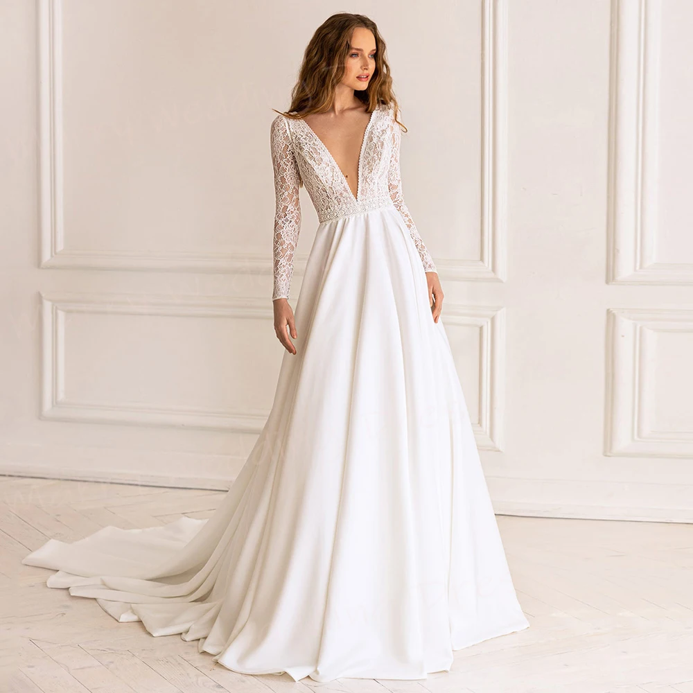 Fascinating Deep V Neck A Line Women's Wedding Dresses Modern Lace Appliques Bride Gowns Long Sleeve Backless Vestidos De Novia