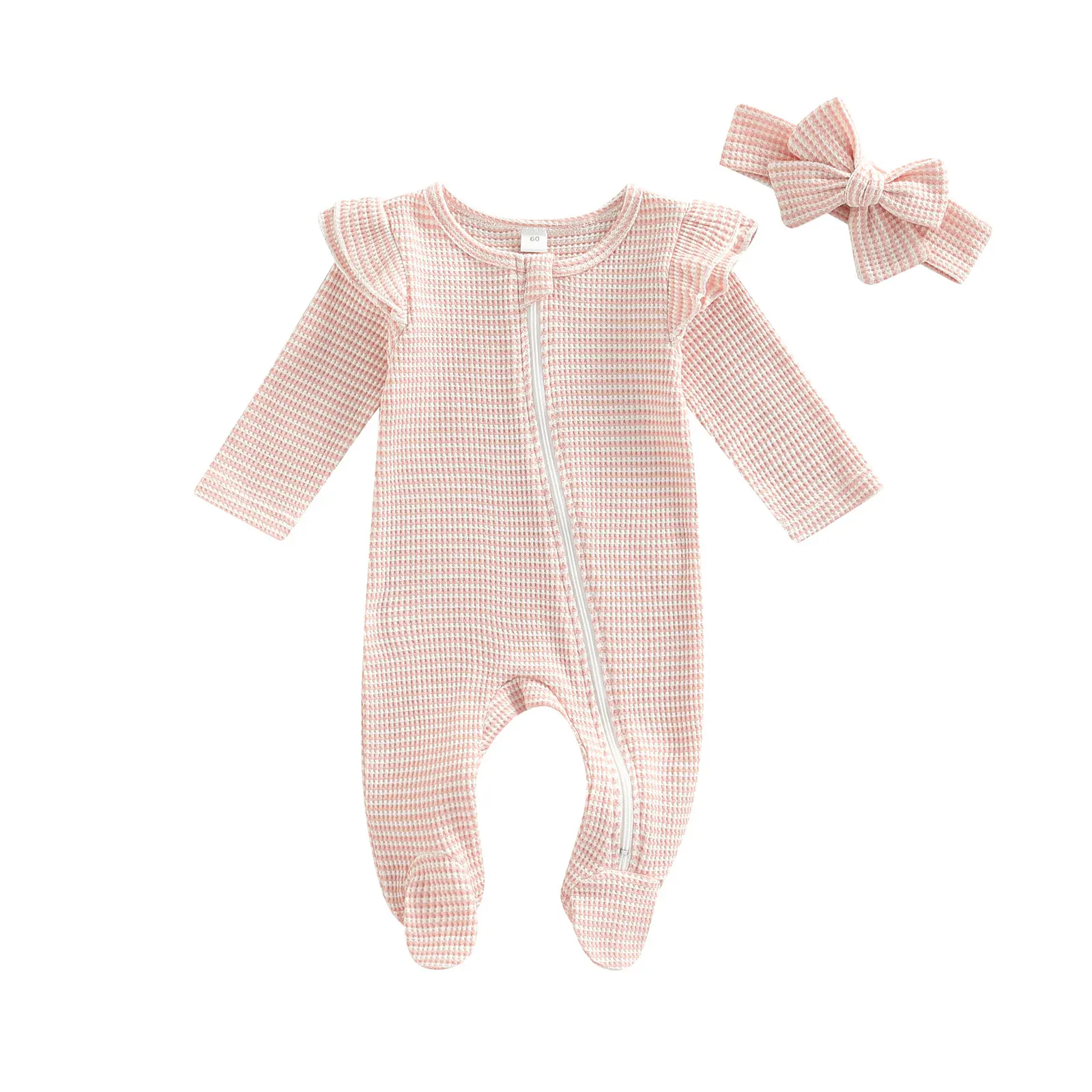 

Baby Girls Romper Suit, Long Sleeve Zipper Ruffle Patchwork Casual Party Street Spring Romper+Headband