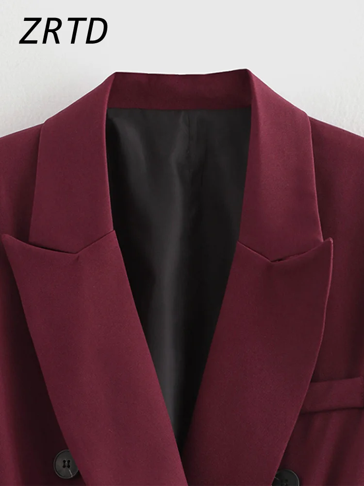 Blazers bordeaux vintage pour femmes, revers élégant, double boutonnage, poche, manches longues, veste trempée, vêtements d\'extérieur de bureau pour