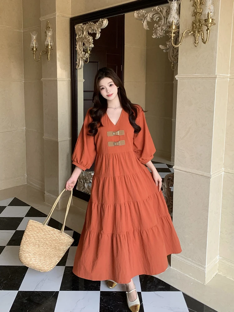 Francês com decote em v botões exclusivos mangas de três quartos em camadas saia de bolo para passeios de praia feminino férias com vestido grande queimado