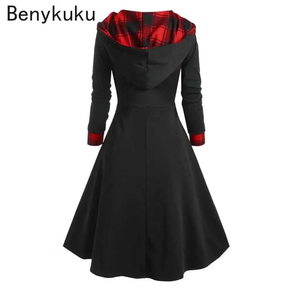 Women Hooded Plaid Mock Button Overlap Midi Vintage Dress Autumn Gothic Punk Long Sleeve Casual Sexy Party Dress Harajuku Robe