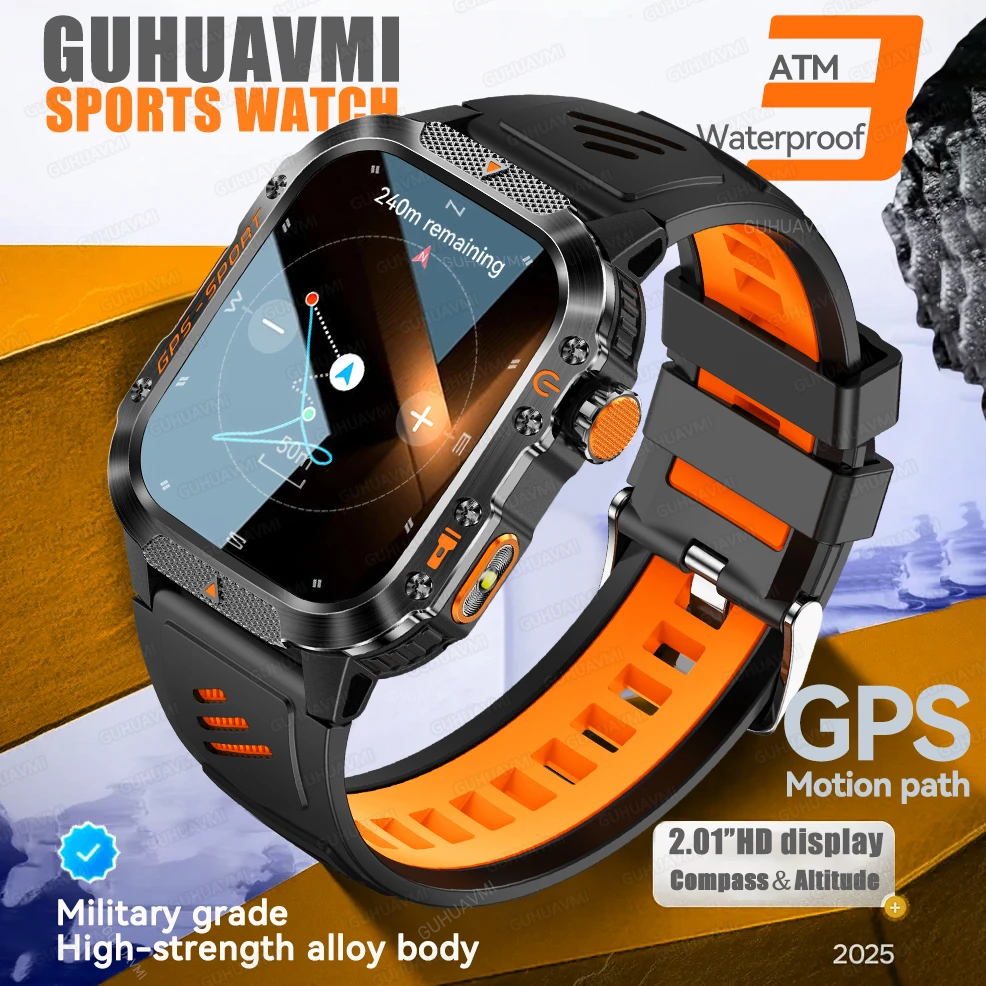 جديد العسكرية لتحديد المواقع الساعات الذكية الرجال 2.01 "HD AMOLED شاشة المدمج في GNSS البوصلة 30MI مقاوم للماء مراقبة الصحة في الهواء الطلق Smartwatch