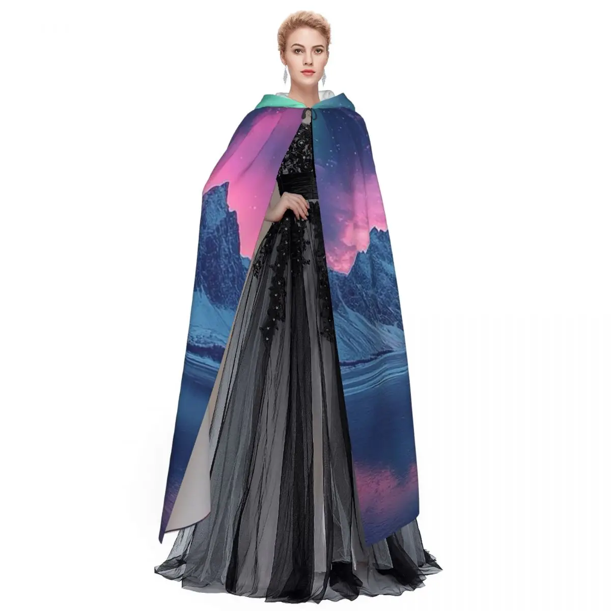 ファンタジー オーロラ ボレアリスと雪 ロングフード付きマント 魔女 中世コスチューム コスプレケープ ハロウィンヴァンパイア 大人用 ユニセックス