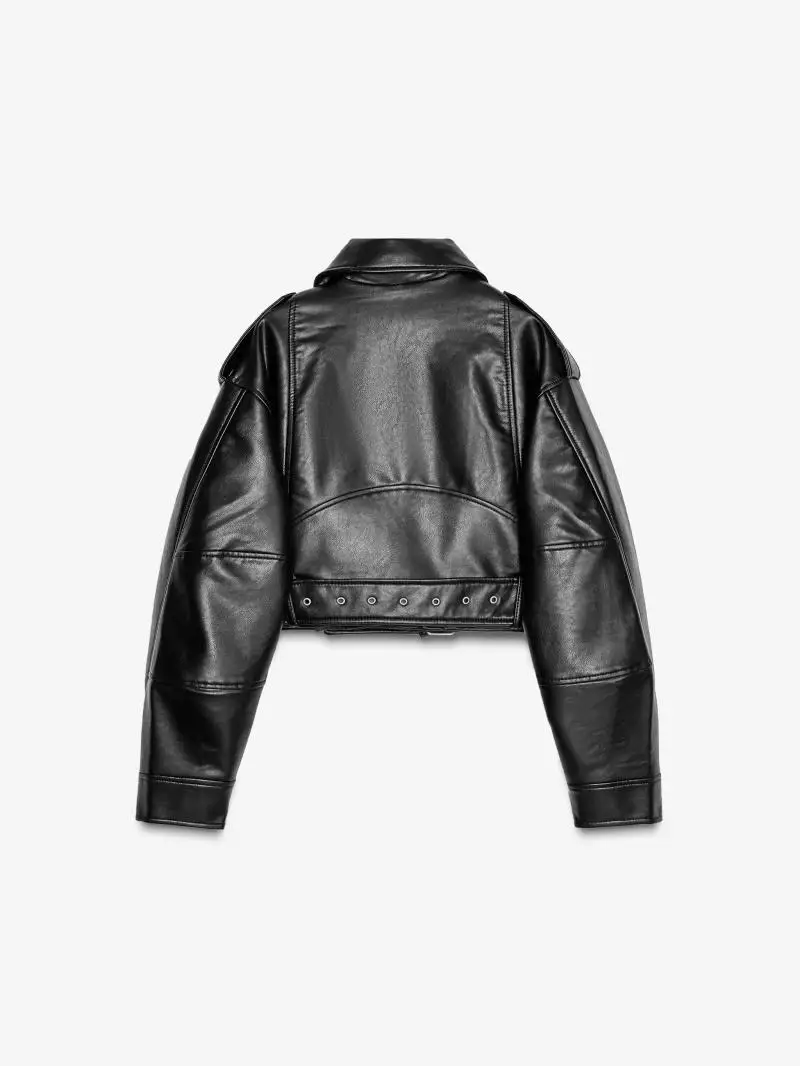 เสื้อแจ็คเก็ตสไตล์ไบค์เกอร์สำหรับผู้หญิง ฤดูใบไม้ผลิ 2025  หนังเทียม ปกพับ ทรงหลวม สไตล์สตรีท แขนยาว ซิป