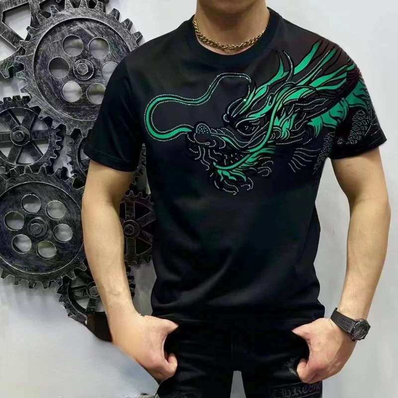 Men Short-sleeved T-shirt Black Men Clothing Dragon Tops Tees Flocking Hot Stamping Design Slim Fit Casual Chic Summer New Solid