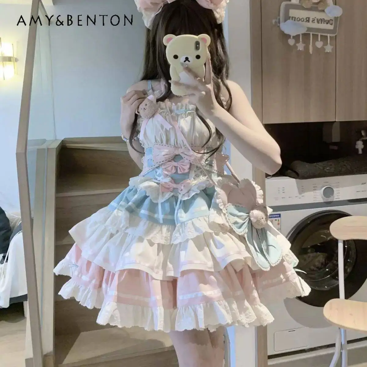

Summer New Japanese Style Cute Sweet Slim Apricot Pink Chocolate Bow Lolita Dress Hairband Bag Bustle Set for Daily Party