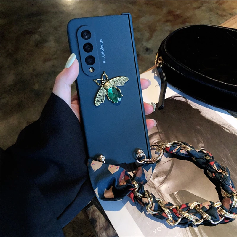 Luxury 3D Diamond Bee Phone Case For Samsung Galaxy Z Fold 5 4 3 Hinge Protector Armor Cover With Portable Chain Of Silk Scarves