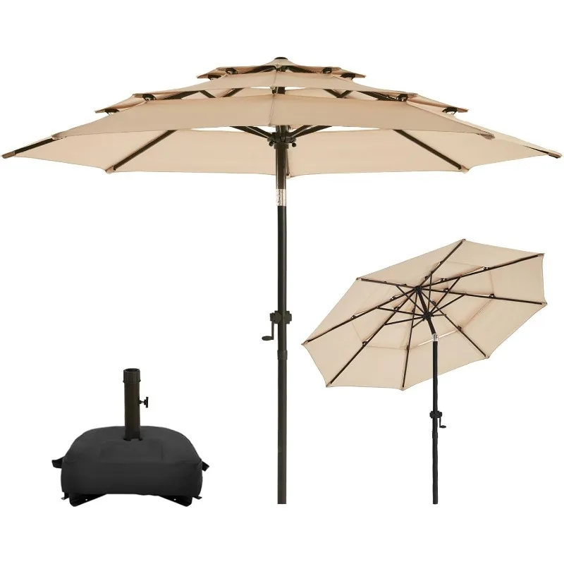 9FT-3 Tiers Patio Umbrellas with Base Included, 8 Sturdy Ribs, Fade Resistant Waterproof POLYESTER DTY Canopy