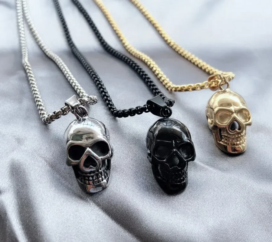 Fashion Punk Skull Pendant Men\'s Necklace Gold Black Silver Color Chain Link 20Inch Necklaces Cool Male Jewelry