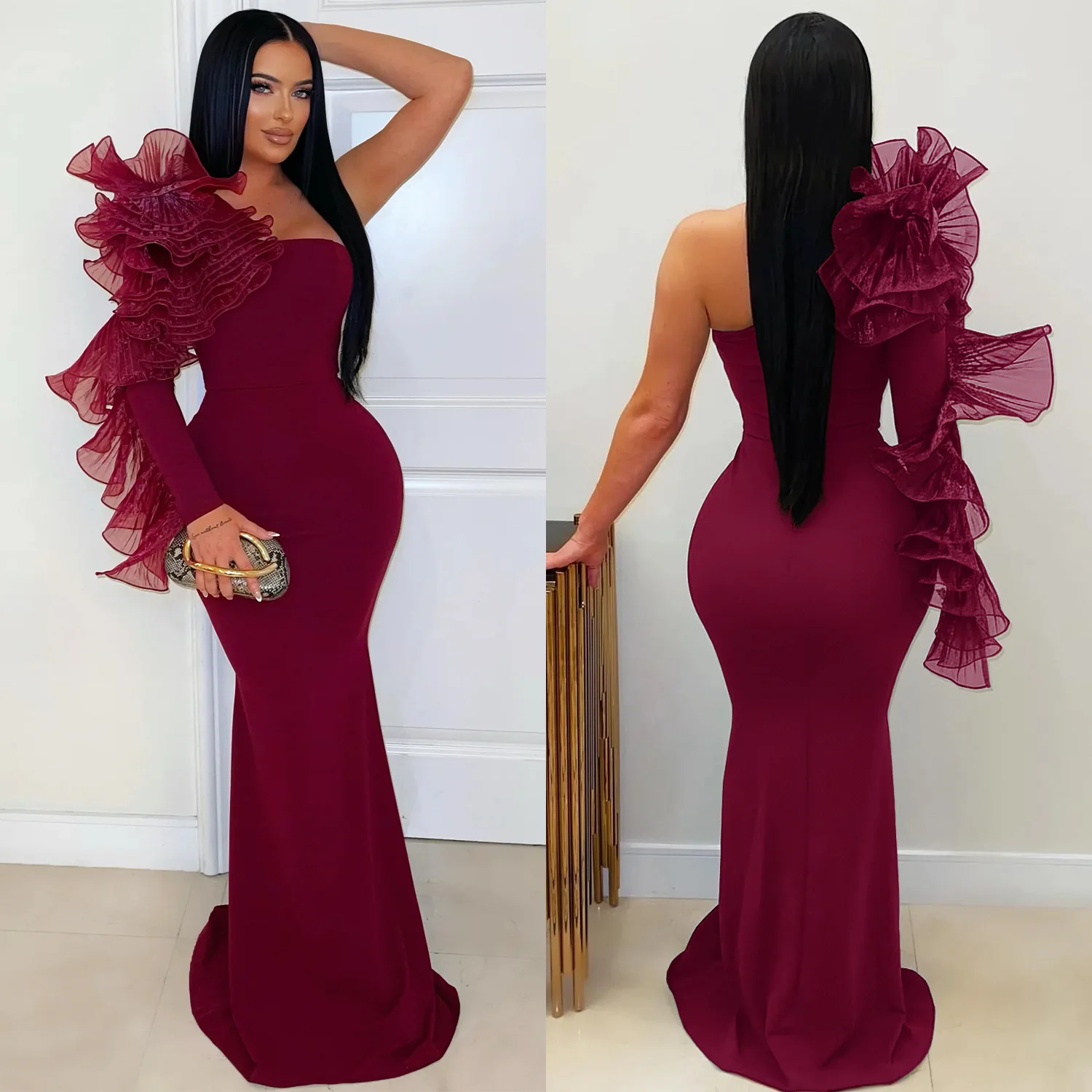 2026 New Black Ruffle Sexy One Shoulder Sleeve Dress Evening Dress Elegant Mermaid Long Order Wedding Ball Party Dress