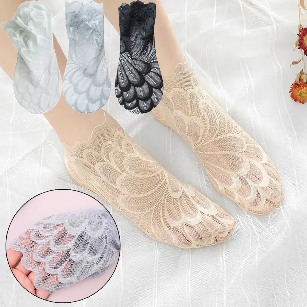 

Женские милые однотонные носки без противоскольжения с дышащей хлопковой подошвой, сеткой до середины икры и кружевной отделкой.