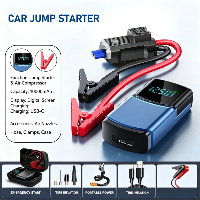 2000A Peak Car Jump Starter 10000mAh Portable 12V Digital Auto Battery Booster with 150PSI Tire Inflator Emergency Air Compresso