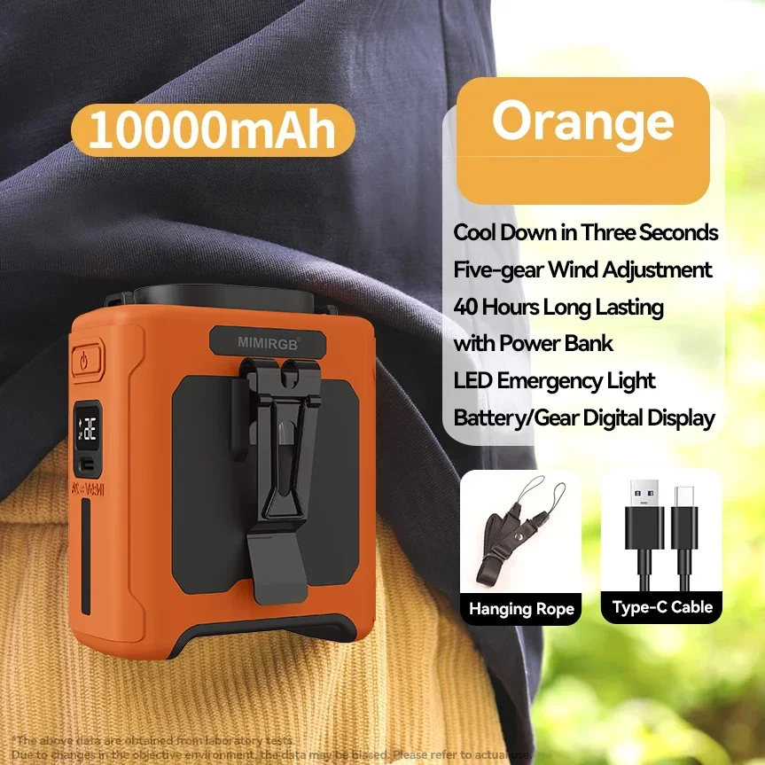 

10000mAh Portable Waist Fan Clip on Wearable Belt Personal Fan Rechargeable Battery Operated with 5 Speeds Portable Flashlights