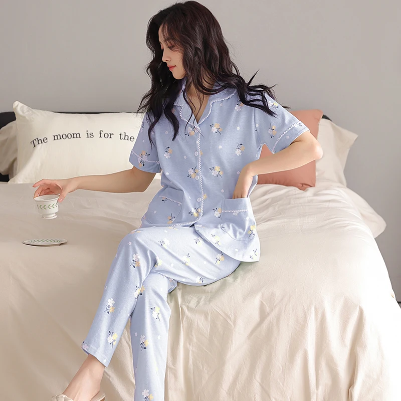 Elegant Flower Women\'s Pajama Set Summer Lapel Printed Modal Cotton Sweet Pajamas For Ladies Big Yards Cardigan Casual Tracksuit