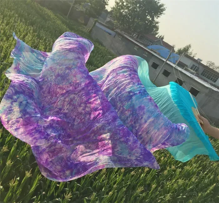 1 Pair(L+R) Belly Dance Silk Fan Veil Worship Art Silk Bamboo Dance Long Fans Tie Dyed Flower 47"/59"/71"/83"