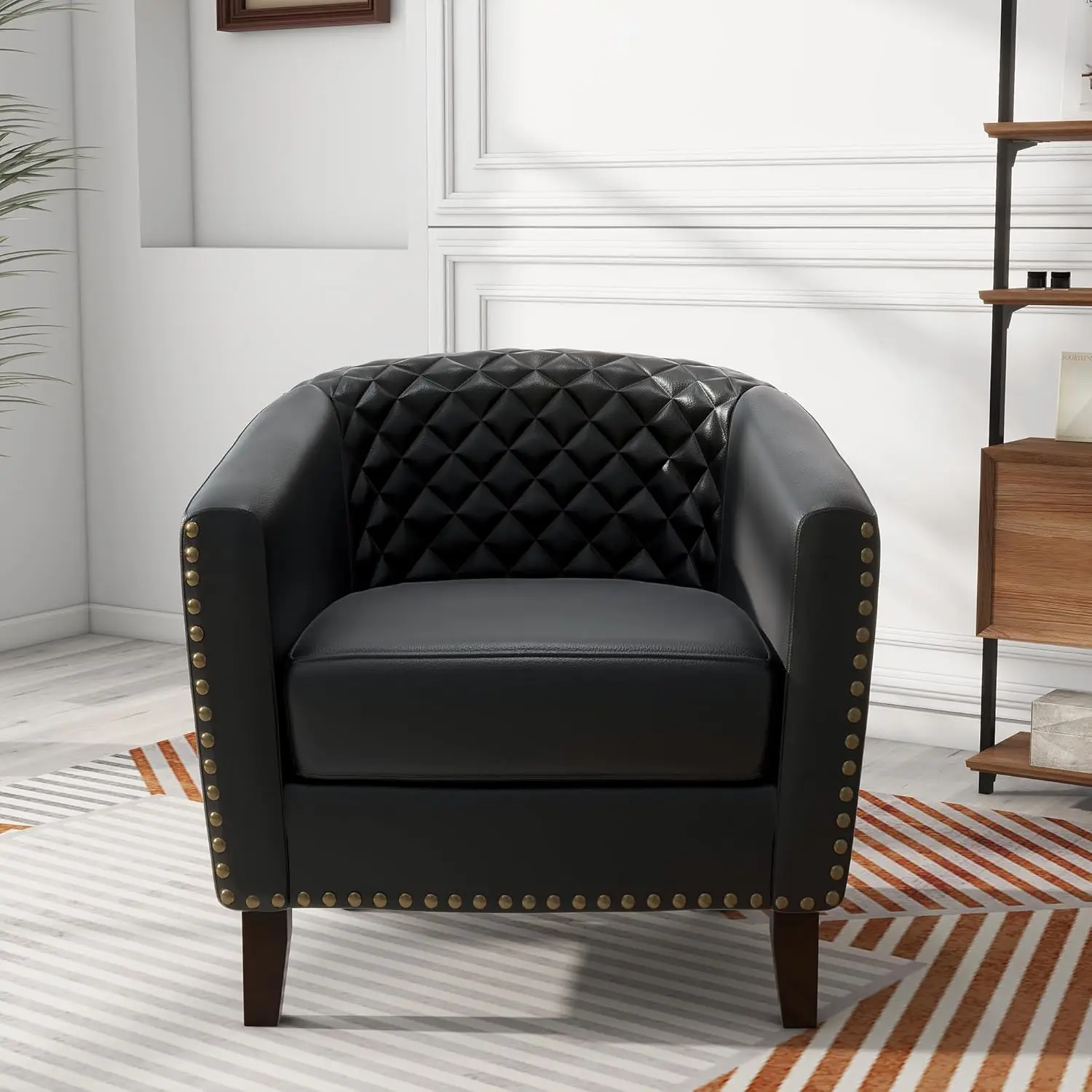 Pia Ricco Faux Leather Barrel Accent Chairs Set Of 4, Modern Club Arm Chair Comfy Upholstered Single Sofa Chair With Solid Wood