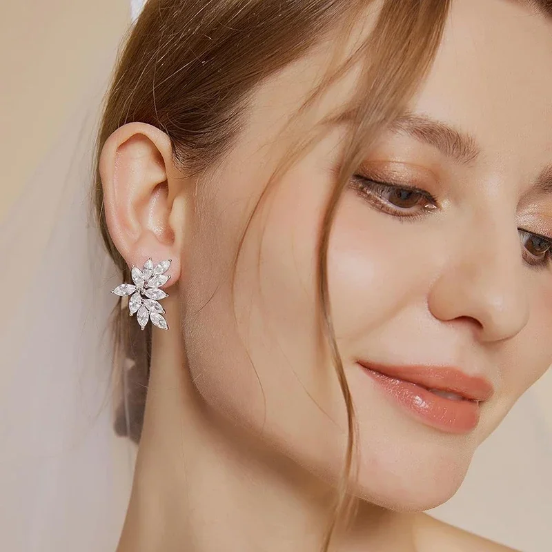 Trumium Silver Color Leaf Zircon Wedding Earrings For Women Bling Marquise Crystal Bridal Stud Earring Party Jewelry Gift