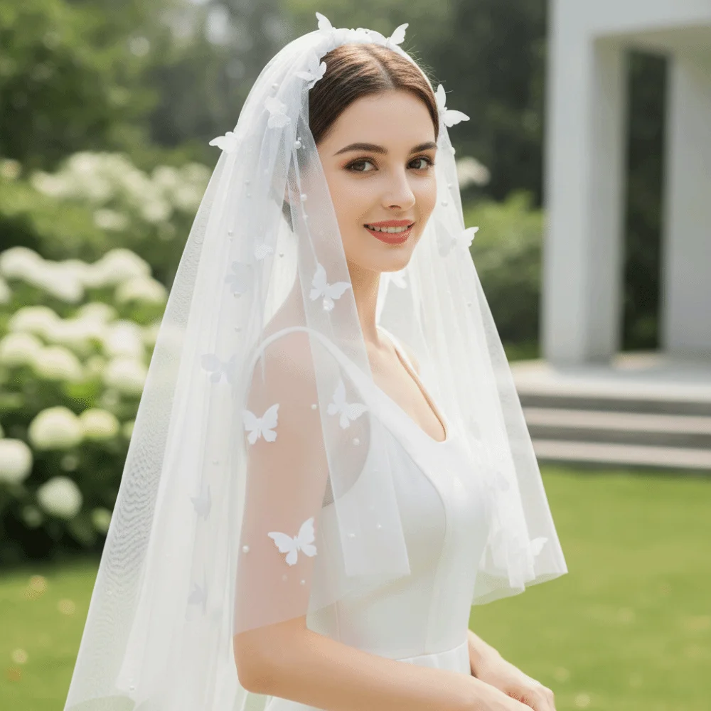 Soft Mesh Bridal Wedding Veil Dual Layer Hair Clip Butterfly Mesh Headpiece Wrinkle Free Light Weight Short Tulle Veil