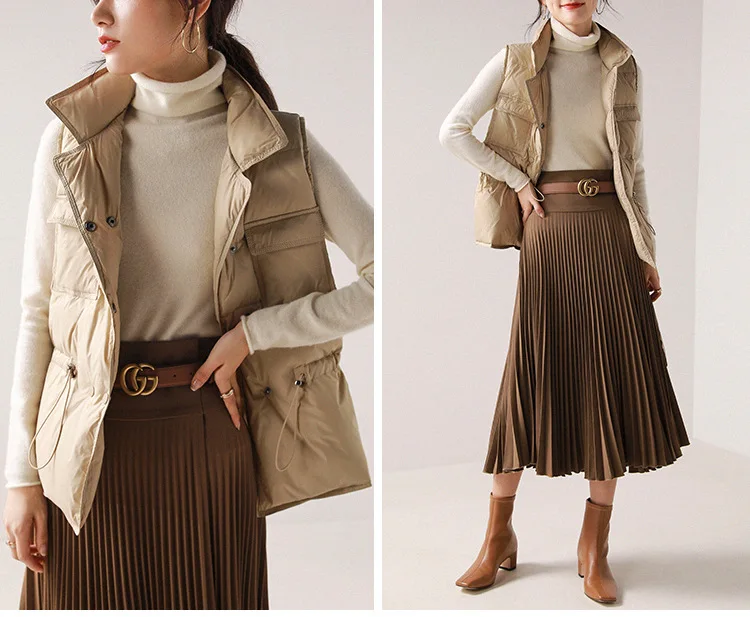 เสื้อกั๊กดาวน์เวอร์ชั่นเกาหลีสำหรับผู้หญิง เสื้อคลุมตัวนอก คอตั้งรัดเอว แจ็คเก็ตขนเป็ดขาว 2025