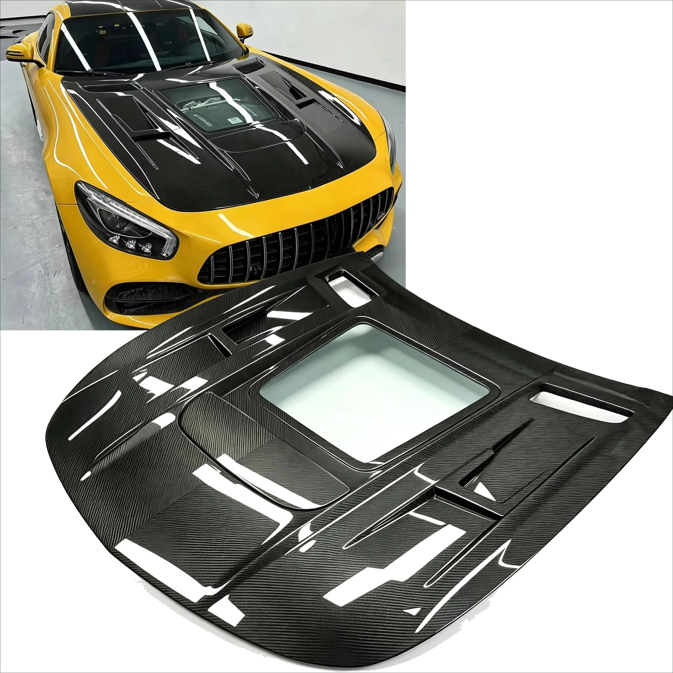 IMP Style Real Carbon Fiber Hood Bonnet With Transparent Glass Vent for Mercedes Benz AMG GT GTC GTS Engine Cover Body Kit