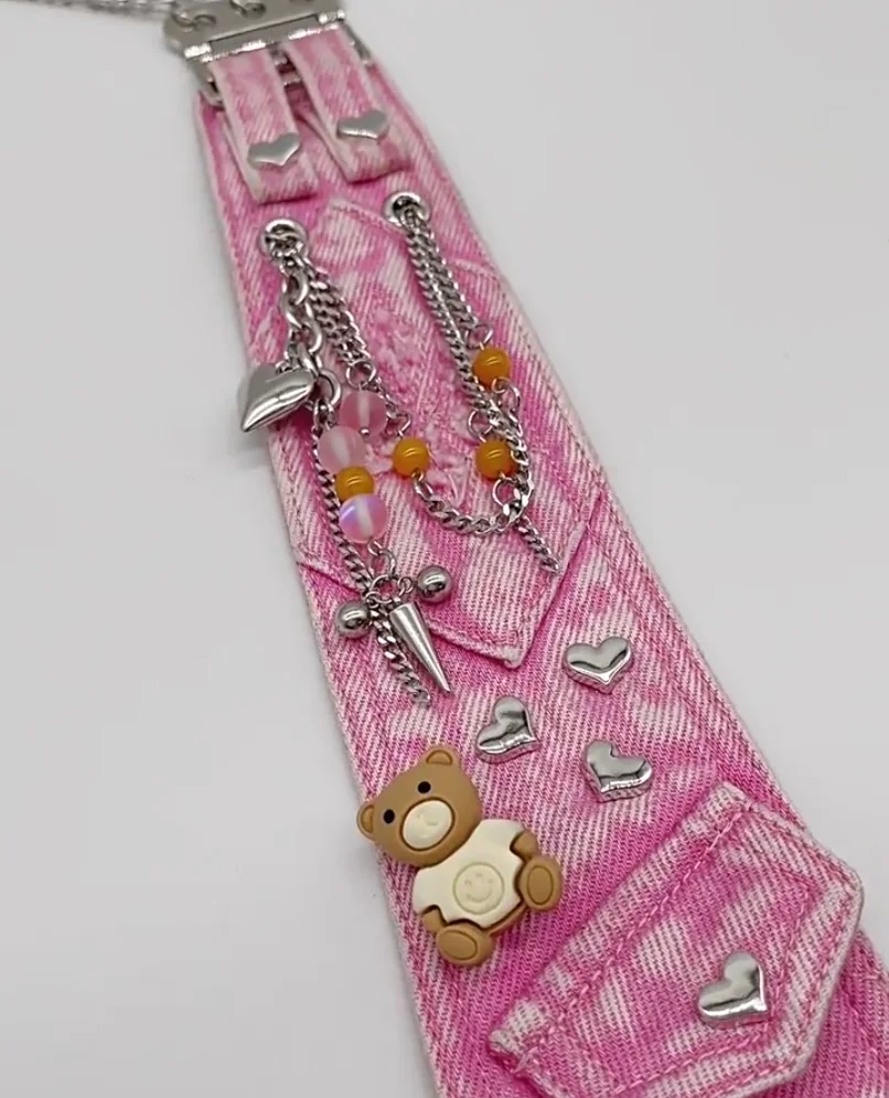 Uomo Donna Designer Rosa Denim Catena di metallo Punk Cravatte senza nodo per camicia Ragazzo Ragazze Performance Cravatta TB286