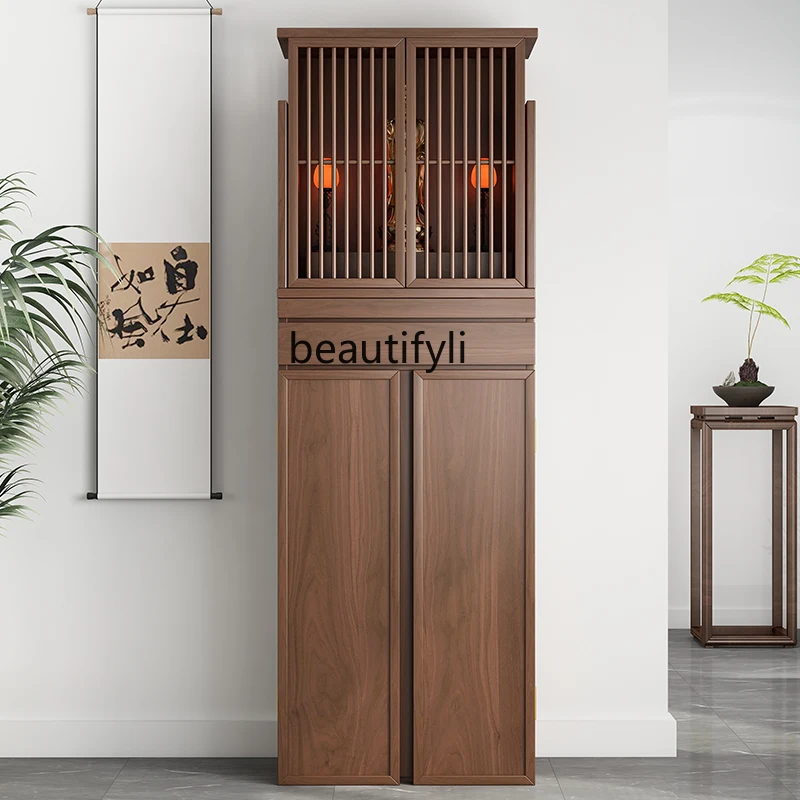 

New Chinese Style Solid Wood Household Simple Black Walnut Buddha Shrine God of Wealth Altar with Door Buddha Cabinet