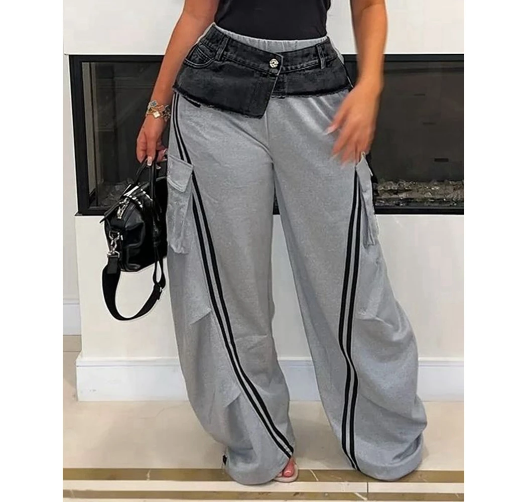 

Women's Denim Patchwork Pockets Cargo Pants Side Stripes Wide Leg Casual Streetwear Sweatpants Sports Wear