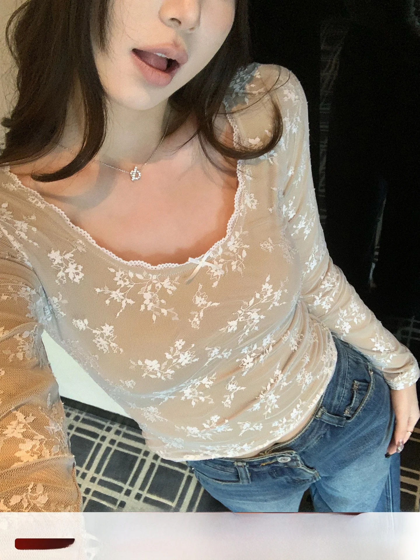 

Anneop Pure Desire Lace Knitted Base Layer irt Women's Autumn Winter Slim Fit Top Casual Sle round Ne Long Sve