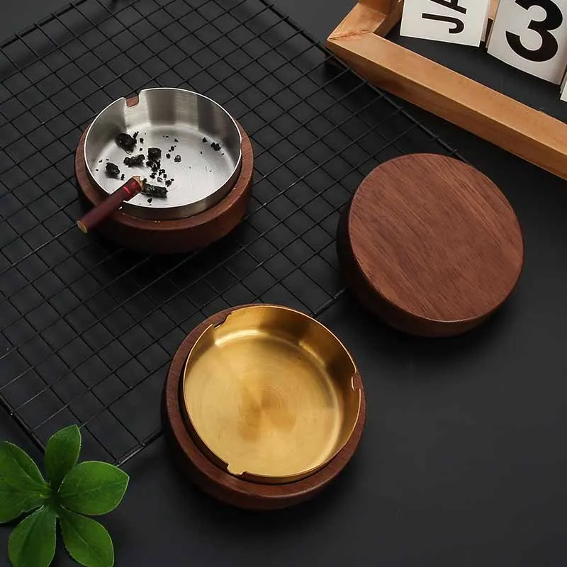 New Creative Ashtrays With  Lid Stainless Steel Nordic Solid Wood Golden Round Ashtray For Smoking Office Home Decoration