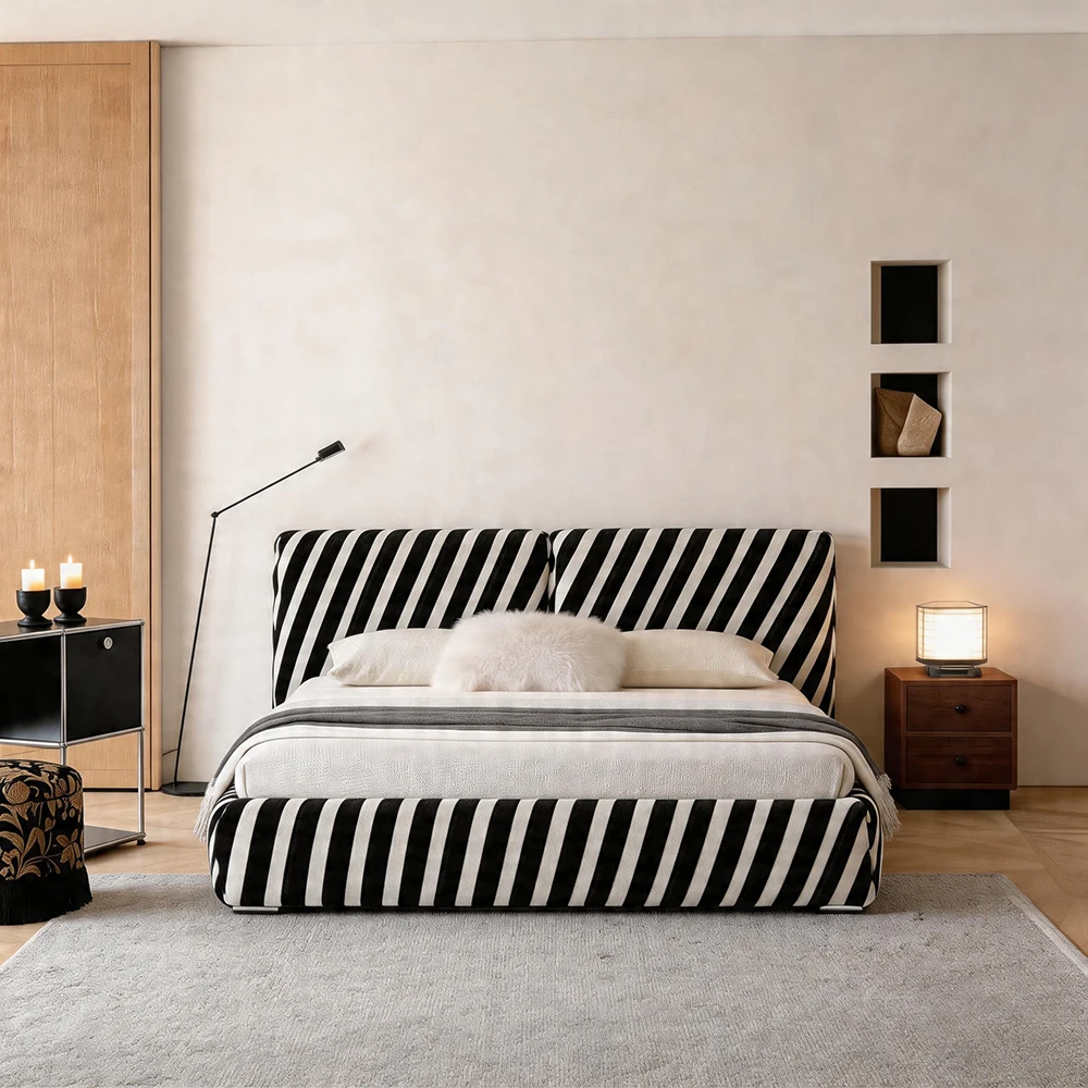 #Villabach FURNITURE Light Luxury Home Furniture Wood Frame Stripe Fabric Upholstered King Size Bed Soft Double Bed For Bedroom