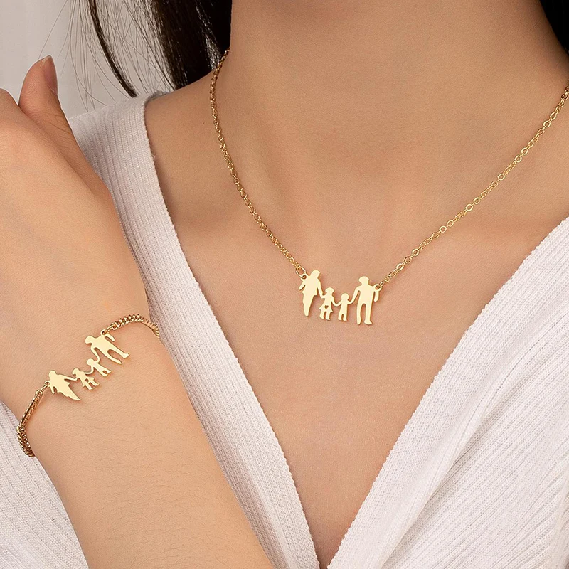 Obega 2PCS Bracelet Necklace Family Jewelry Set Dad Mom Children Pendant Lovely Pendant Gold Color Bracelet Trendy Jewelry Set