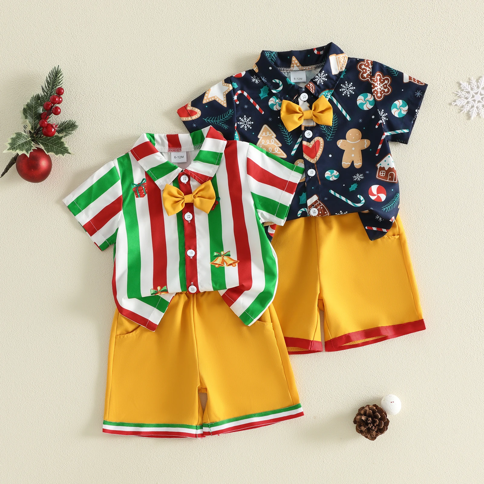 Toddler Baby Boy Christmas Outfit Striped/Snowflake Button Down Collared Short Sleeve Shirt and Shorts 2 Pcs Set