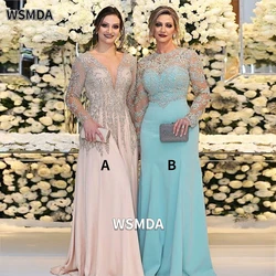 Luxury Crystals Beads Long Mother of The Bride Dresses Illusion Long Sleeves Wedding Party Gowns Formal Evening Dress