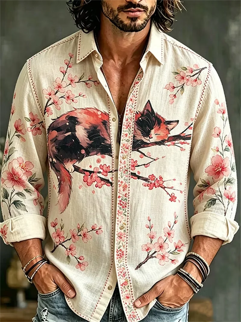 

New rice background cherry blossom cat print men's long sleeved shirt Japanese artistic style casual shirt