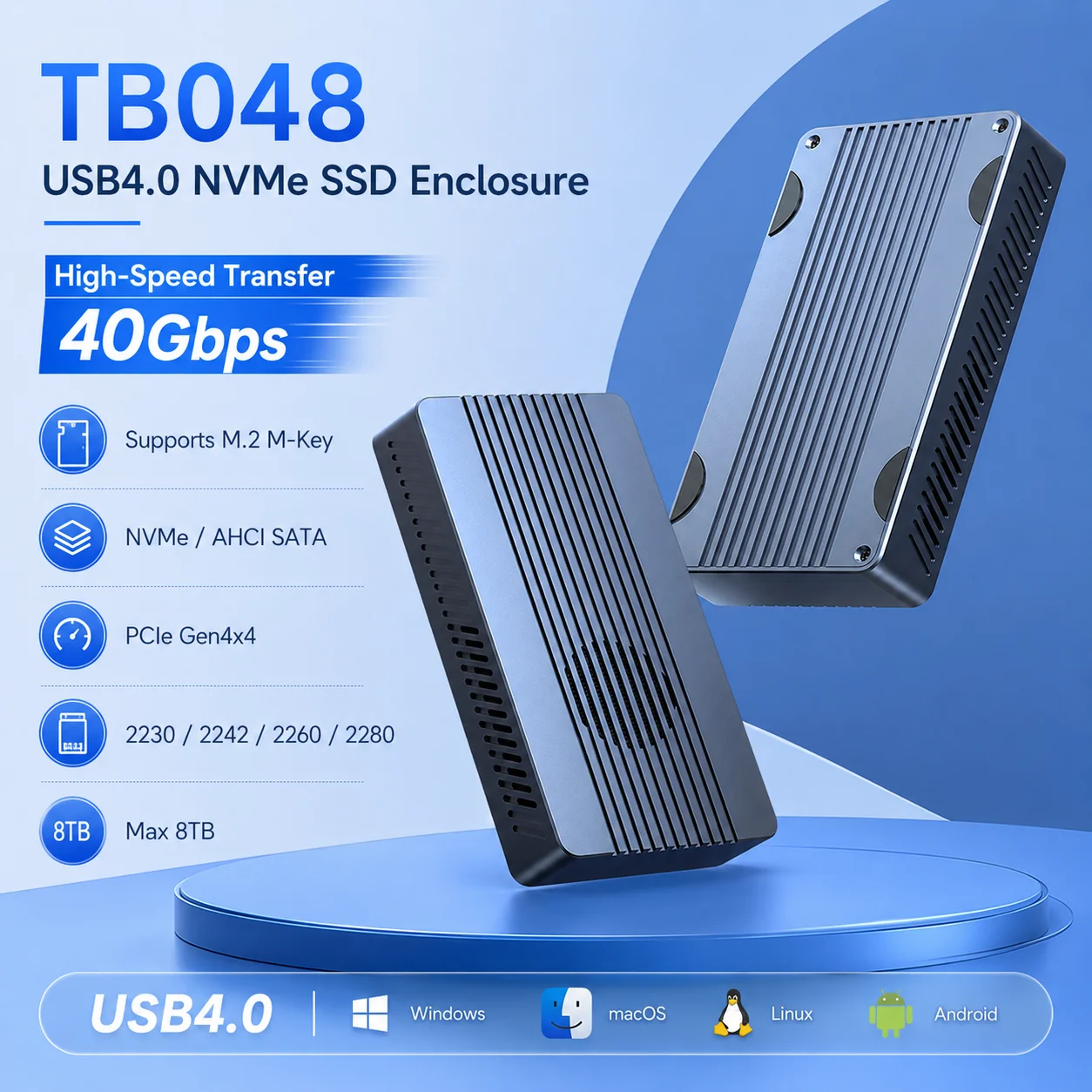 Thunderbolt 3/USB4 M.2 NVMe/SATA SSD Enclosure 40Gbps PCIe Gen4x4 Built-in Fan Cooling8TB Max Aluminum Case 2230-80 SSDs