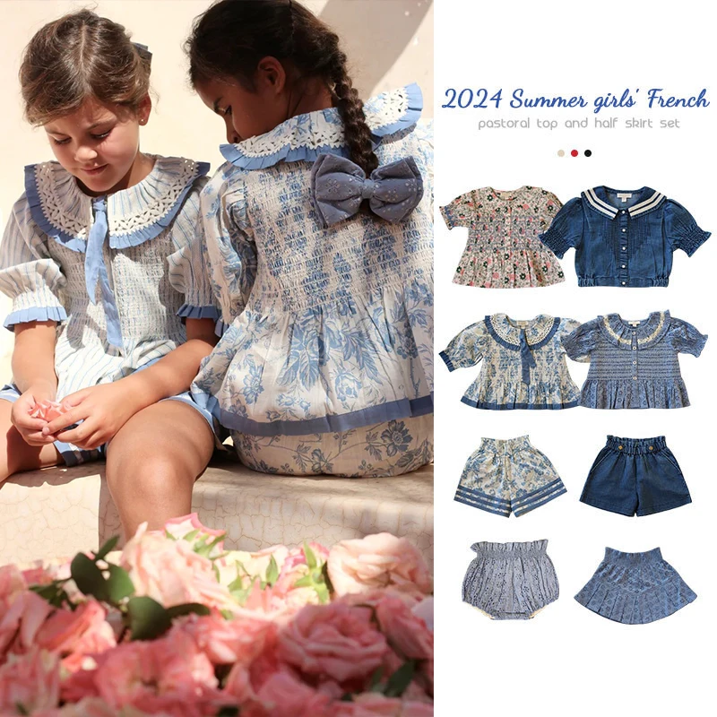 Children\'s Shirt Summer 2024 New BD Girls Vintage Style Puff Sleeve Embroidered Lapel Shirt Girls Denim Top Skirt Set Pre May15