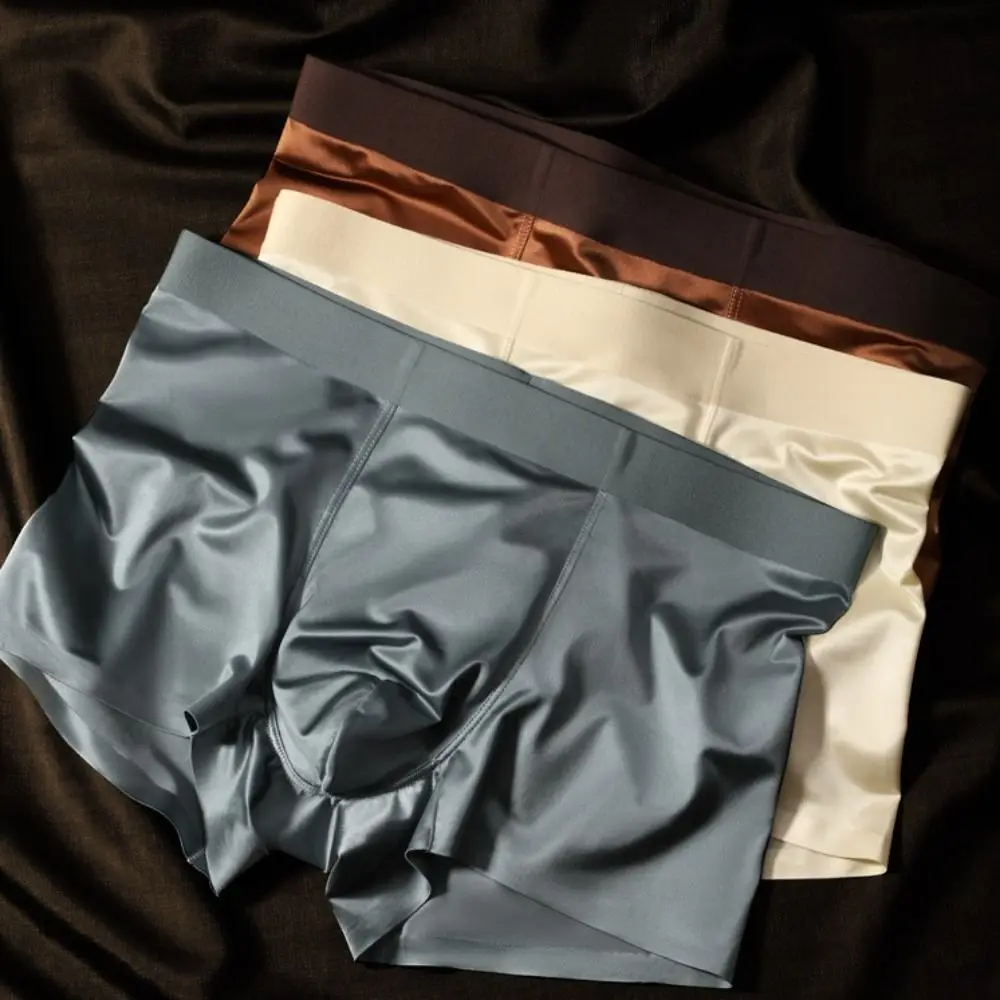 

Comfortable Thin Satin Silk Boxer Briefs Mid Waist Underpants Ice Silk Boxers Seamless Lingerie Underwear for Men Gifts