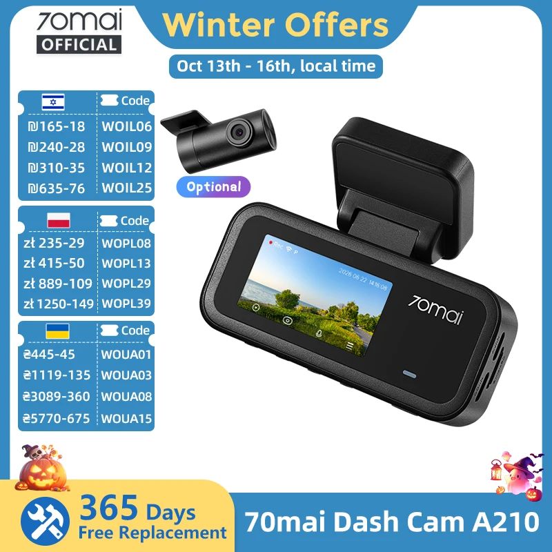 【New】70mai A210 Dash Cam 1080P HDR Auto Recorder 24H Parking 132° FOV Dual-channel Record Supercapacitor Bulit-in GPS Wi-Fi 6
