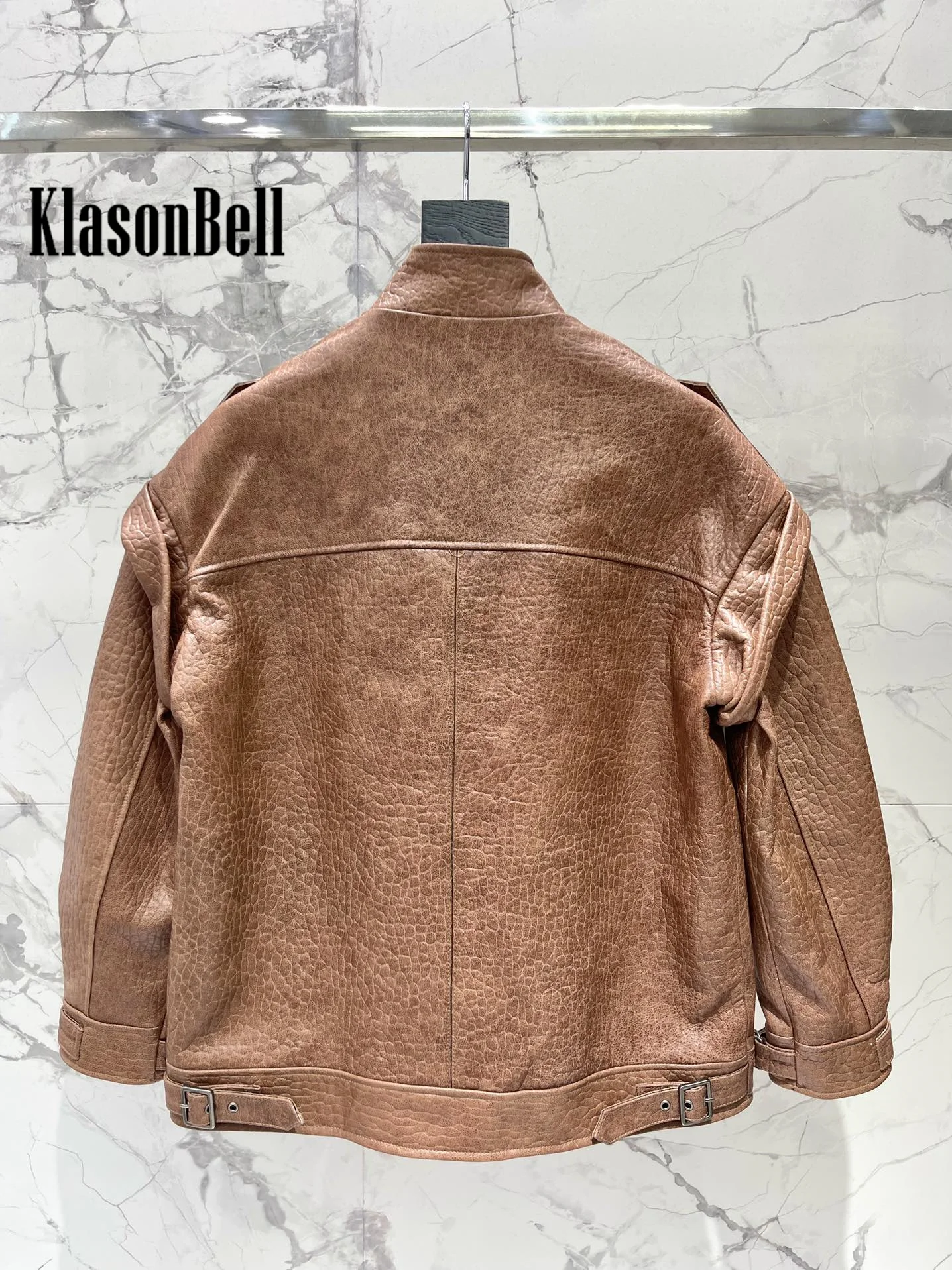 8.6 KlasonBell Men Women Same High Street Vintage Epaulet Loose Sheepskin Jacket Stand Collar Covered Button Real Leather Coat