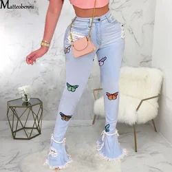 Butterfly Embroidery Denim Flare Pants Women High Waist Skinny Jeans Wide Leg Trousers Ladies Casual Bell Bottom Jeans