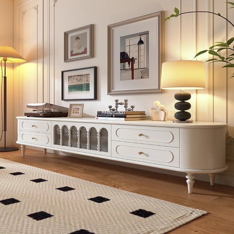 

Solid wood TV cabinet Living room household cream wind TV cabinet storage locker integrated American white