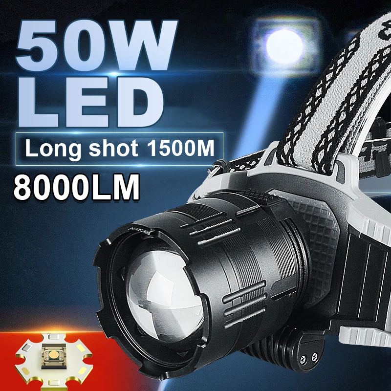 8000 Lumen 50W LED Powerful Headlamp USB Rechargeable Head Flashlight 1500 Meters LED Headlight Zoom Head Lamp Long Shot Lantern