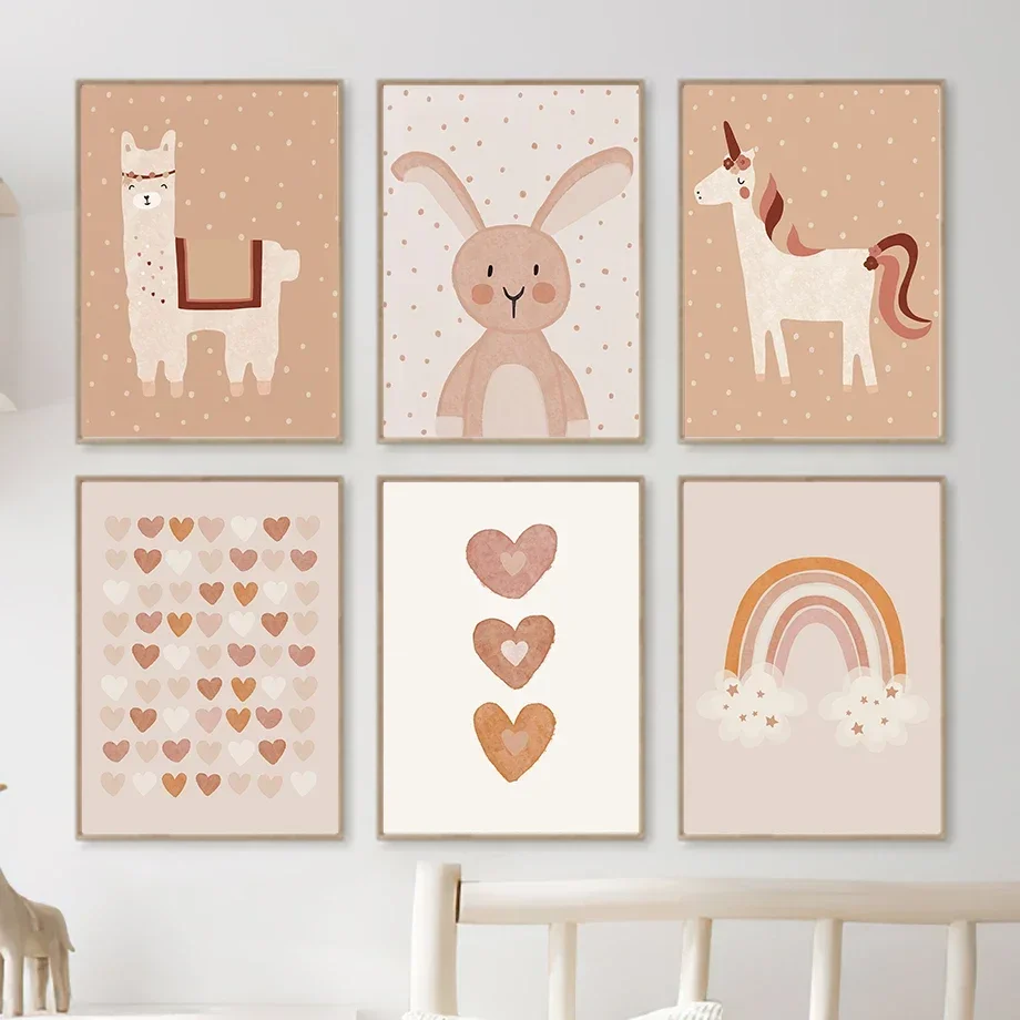 

Bohemian Cartoon Alpaca & Rabbit Rainbow Love Canvas Wall Art Nordic Kids Room Decor Poster Print